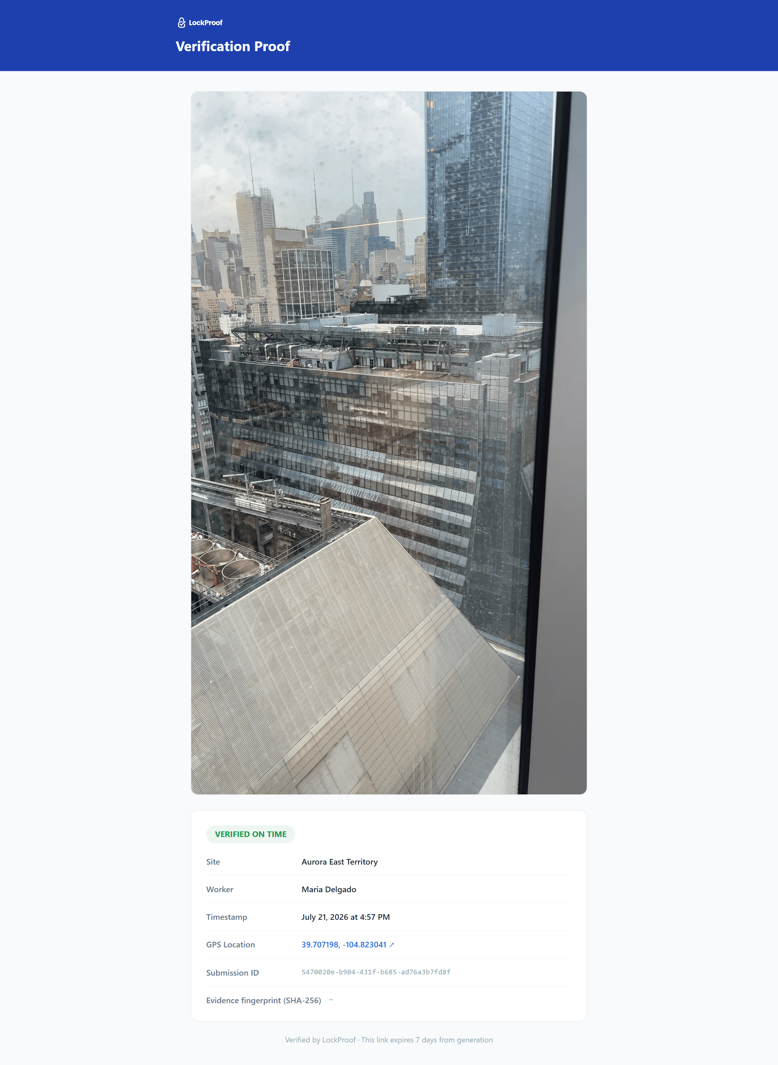 A LockProof verification proof record: a live site photo above the site, worker, timestamp, GPS location, submission ID, and SHA-256 evidence fingerprint
