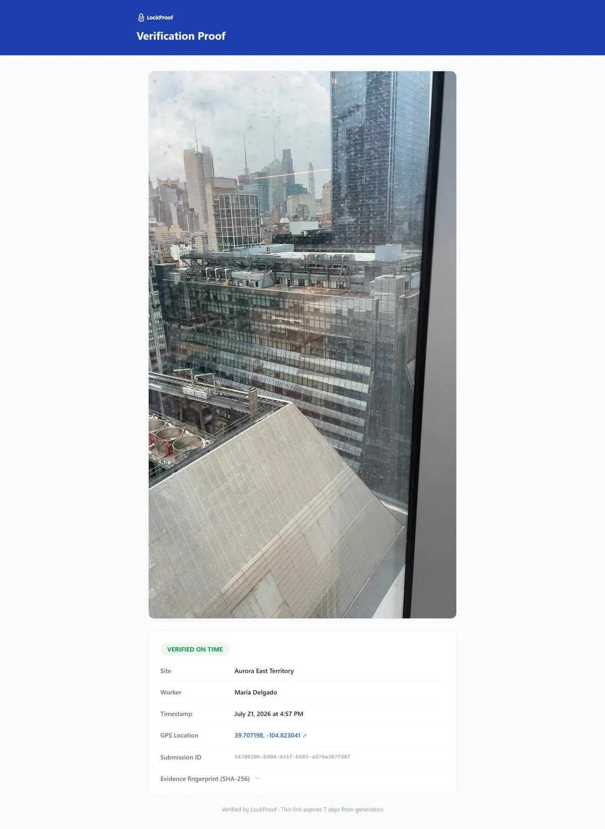 A LockProof verification proof record: a live site photo above the site, worker, timestamp, GPS location, and submission ID