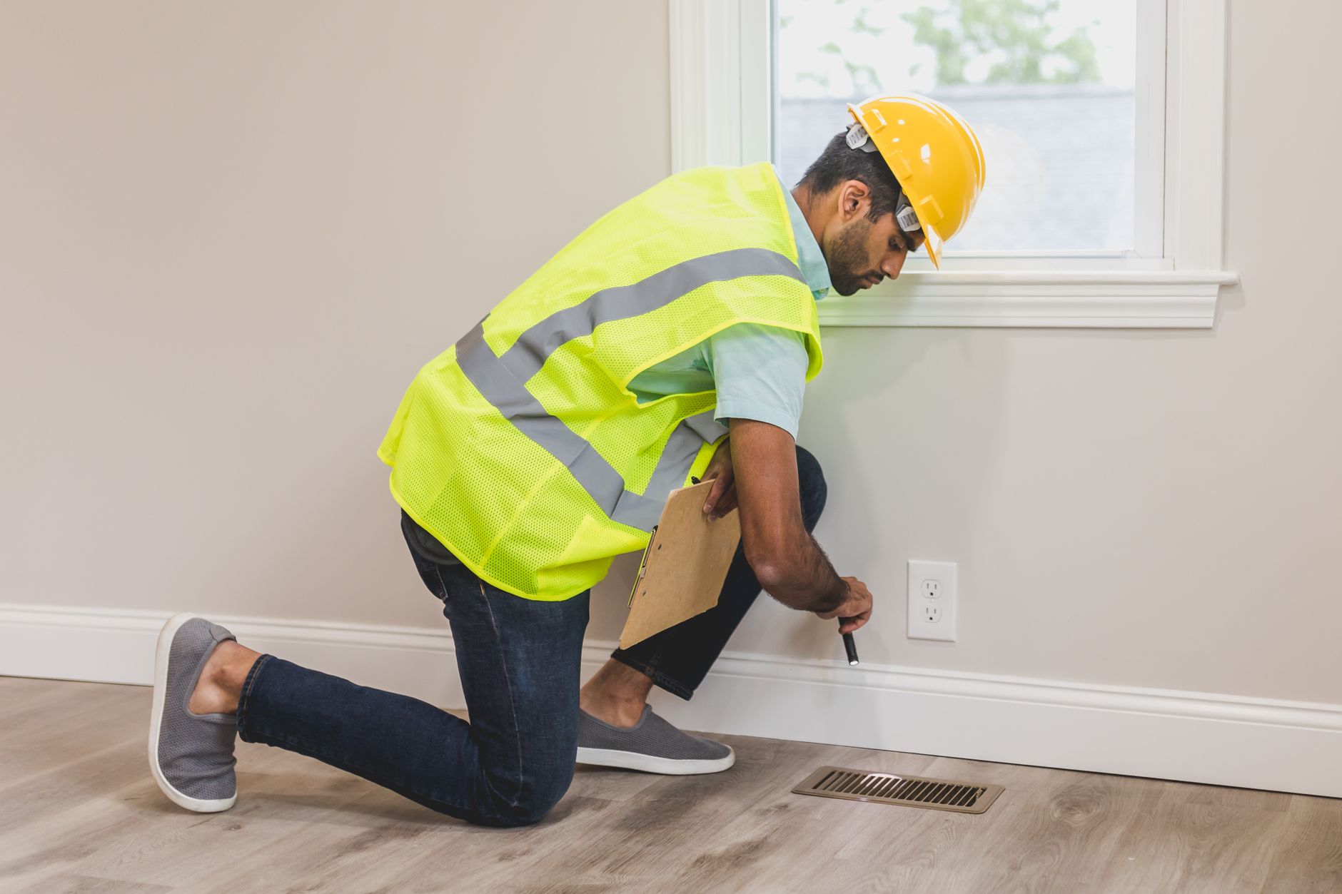 A worker crouching indoors to check finished flooring beside a floor vent, tool in hand